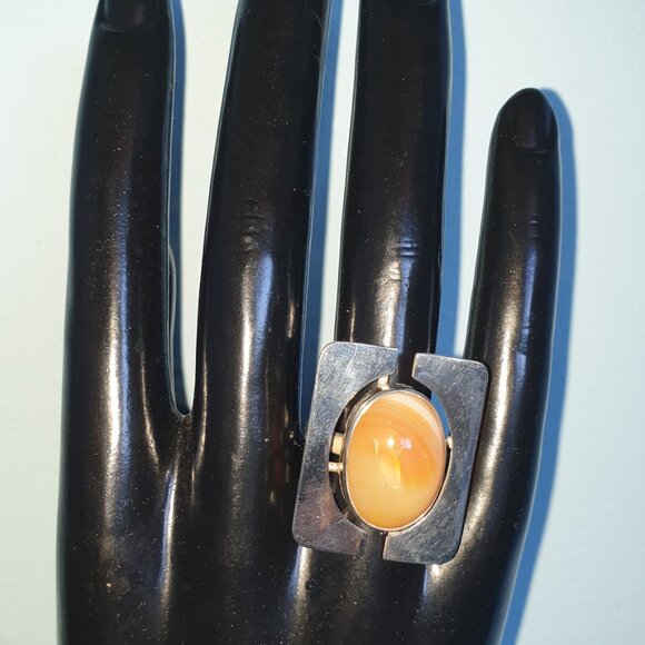 Unique Vintage European Modernist Apricot Carnelian Agate .800 Silver Ring - Picture 5 of 12